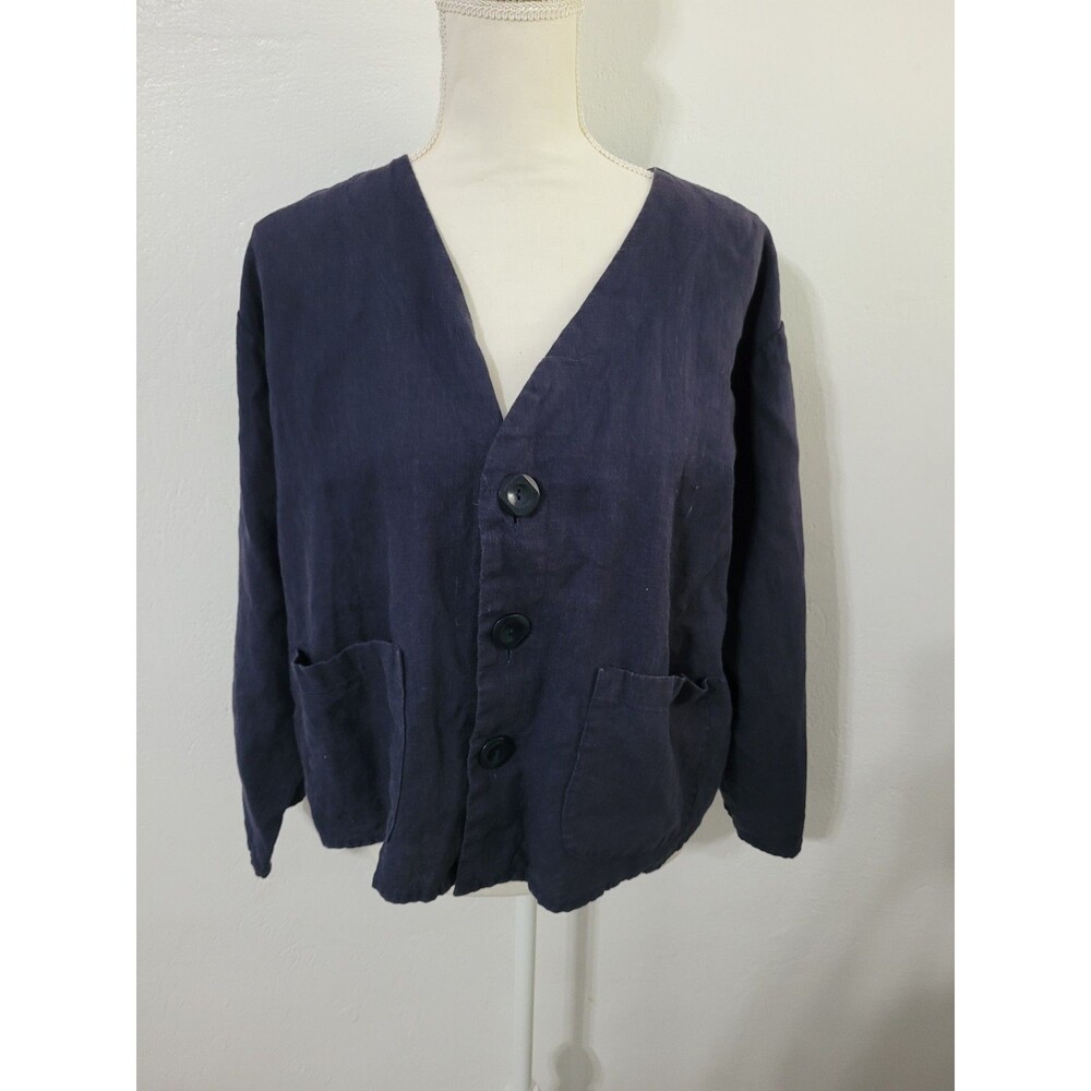 Vintage  Flax Linen Button Front Jacket Lagenlook Minimalist Small Navy Twee